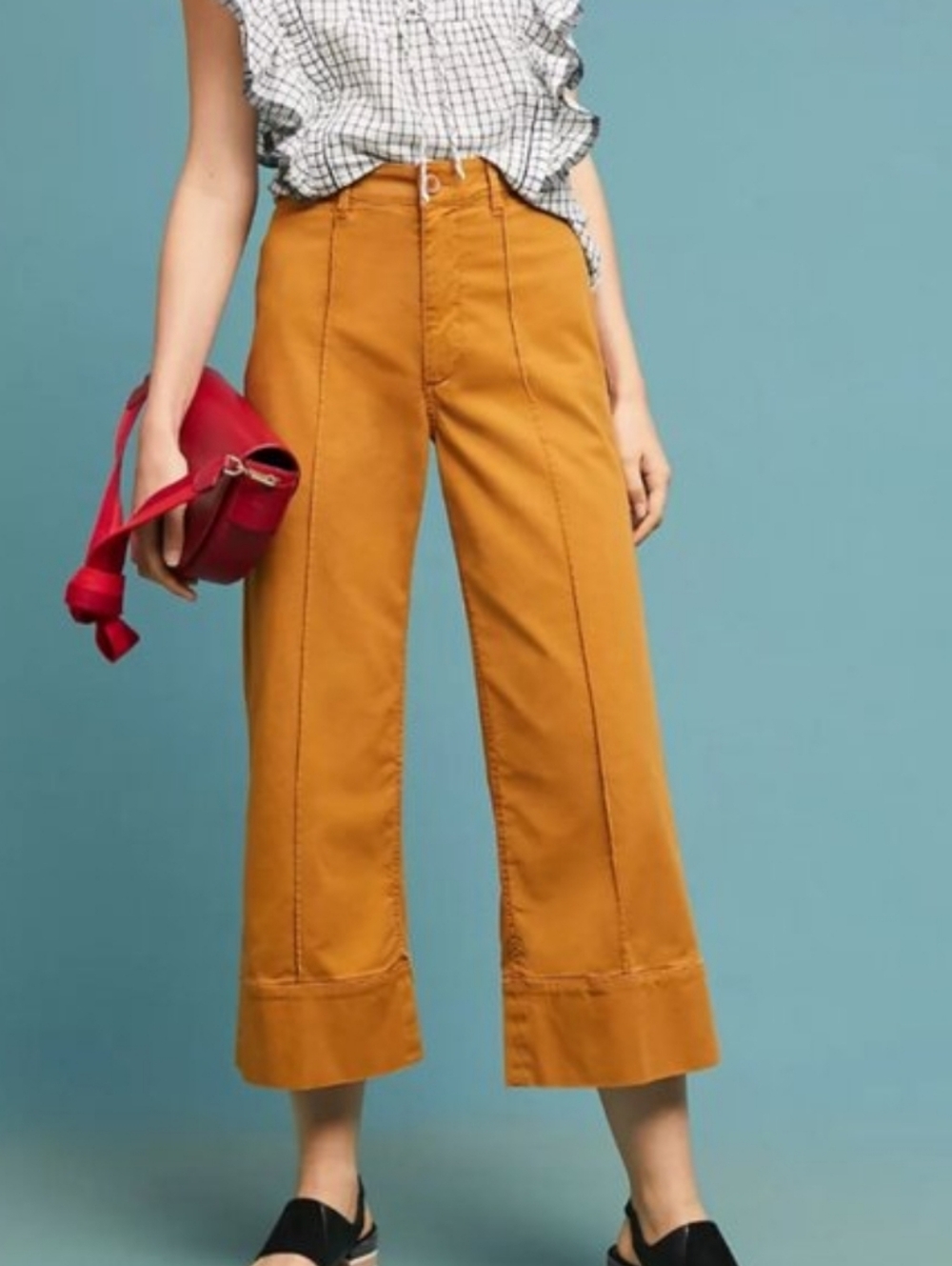 Anthropologie Cropped Wide-Leg Chino Pants in Mustard